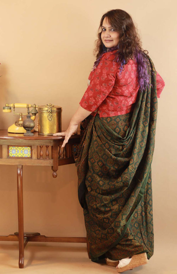 Pushp Ajrakh Embroidered  Saree