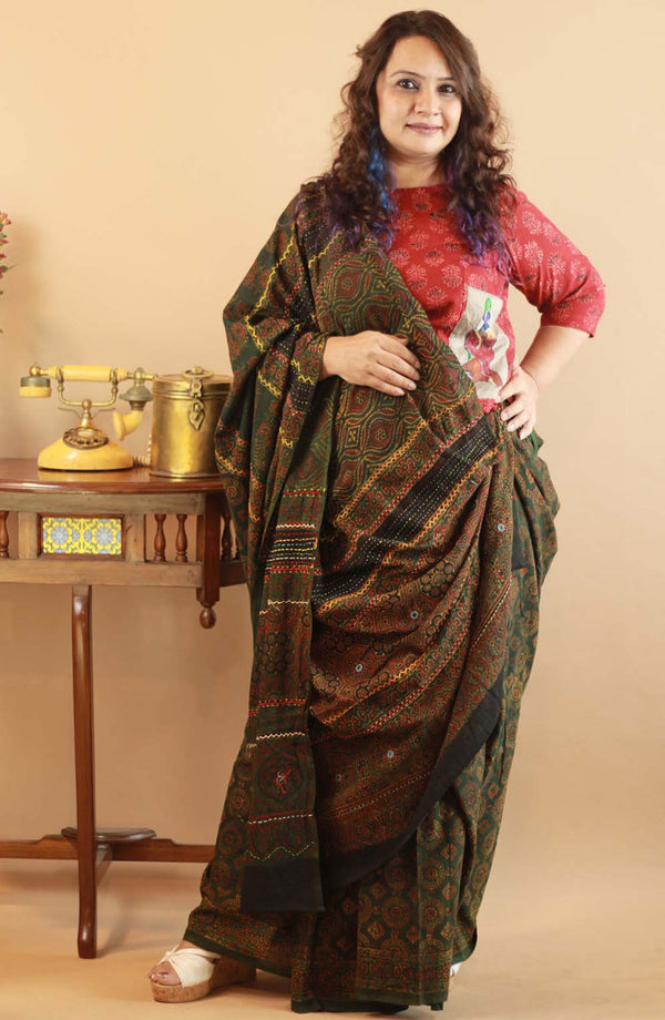 Pushp Ajrakh Embroidered  Saree
