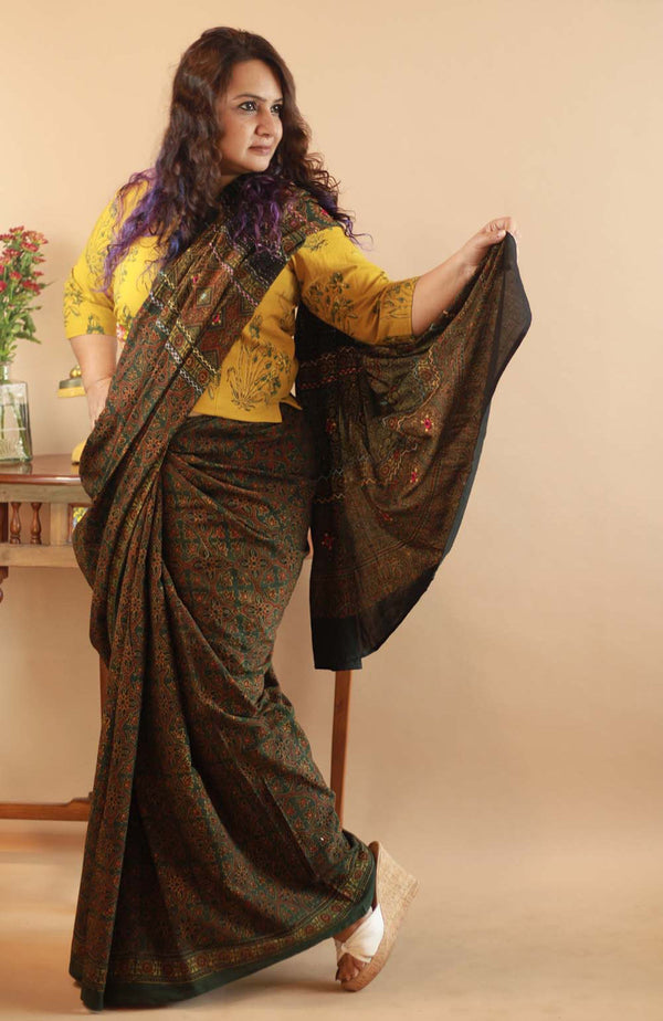 Pushp Ajrakh Embroidered  Saree