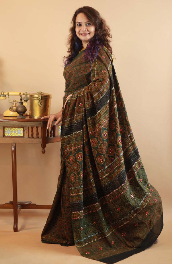 Pushp Ajrakh Embroidered  Saree