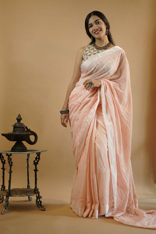 Chikankari Saree in Blush Mal