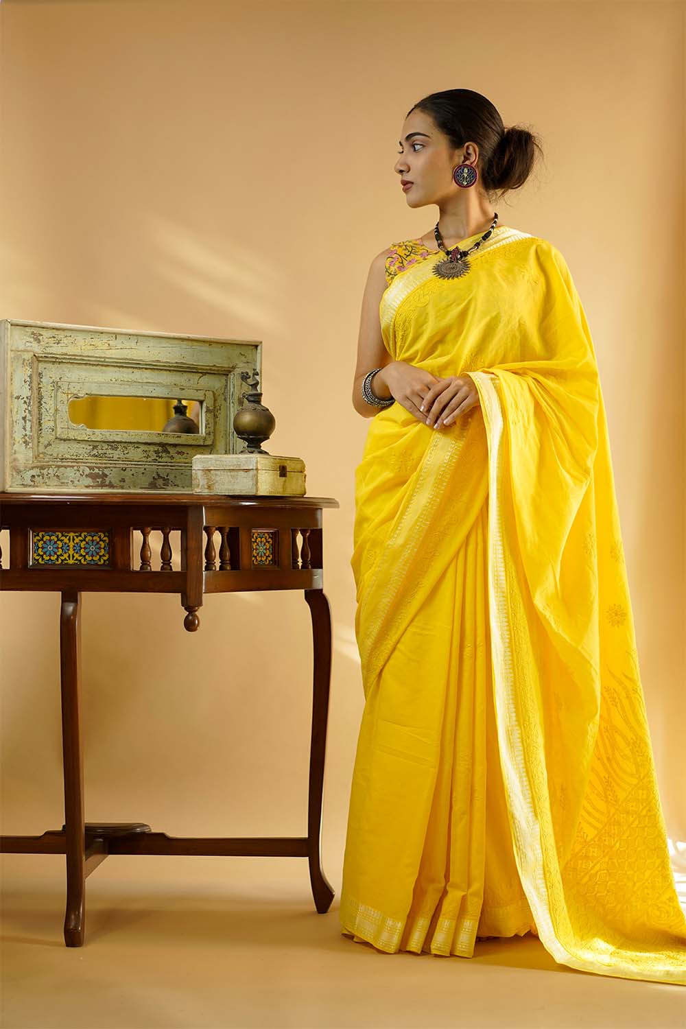 Mastaani | Reversible Blouse | Yellow Sanganeri & Solid Gray