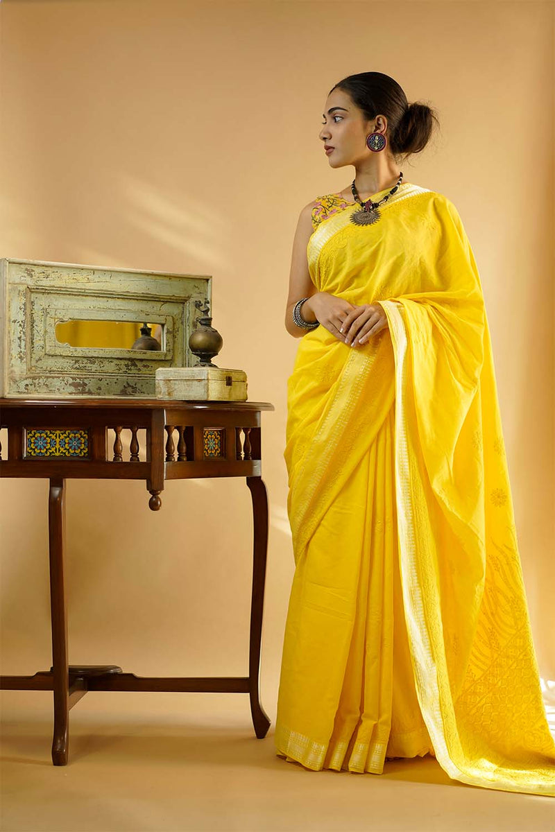 Reversible Blouse in Yellow Sanganeri & Solid Gray