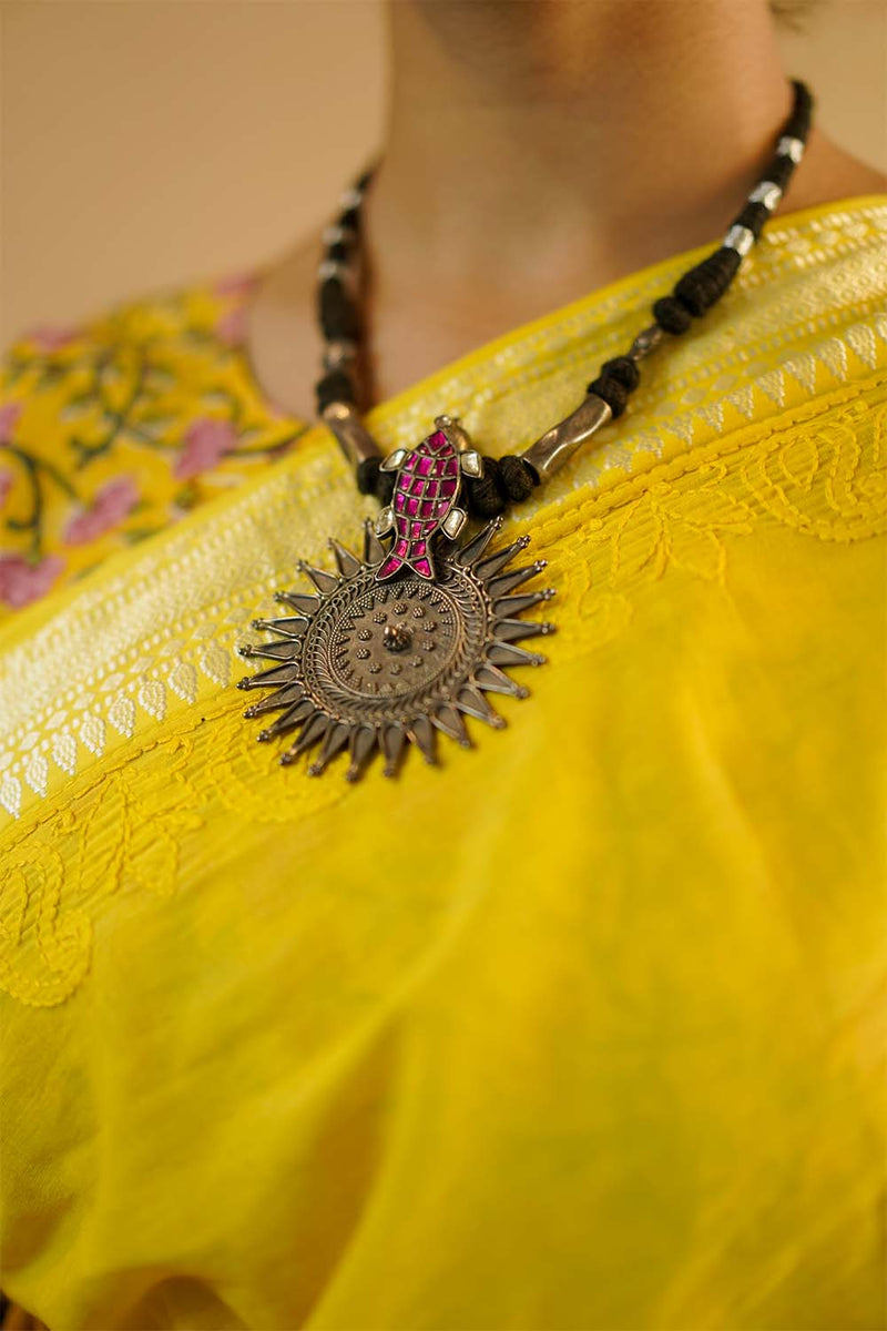 Reversible Blouse in Yellow Sanganeri & Solid Gray