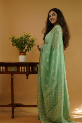 Chikankari Saree in Green Kota Cotton