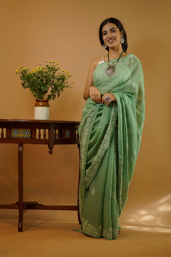 Chikankari Saree in Green Kota Cotton