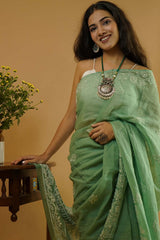 Chikankari Saree in Green Kota Cotton