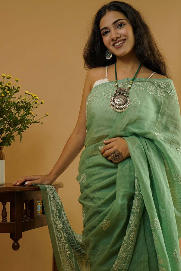 Chikankari Saree in Green Kota Cotton