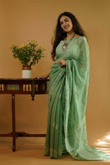 Chikankari Saree in Green Kota Cotton