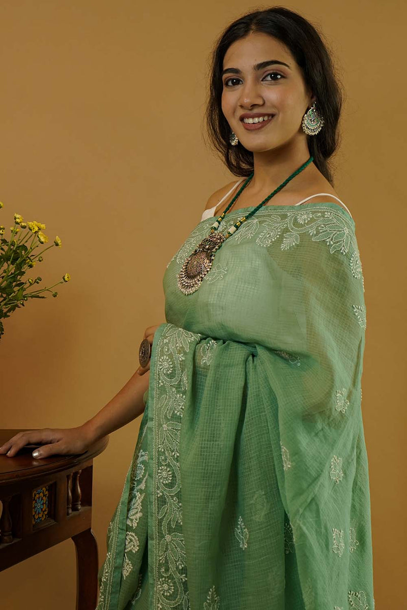 Chikankari Saree in Green Kota Cotton