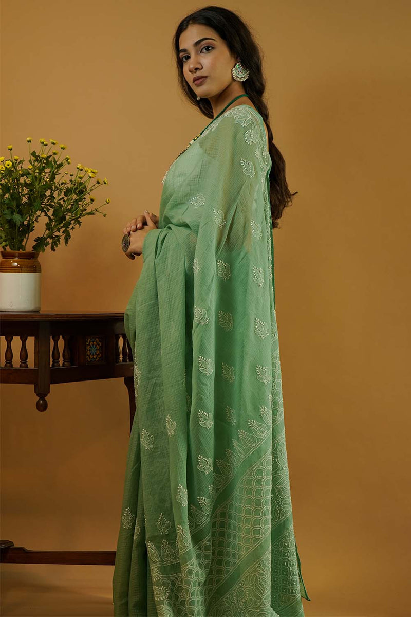 Chikankari Saree in Green Kota Cotton