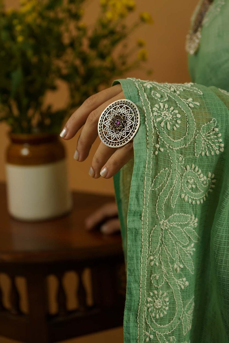 Chikankari Saree in Green Kota Cotton
