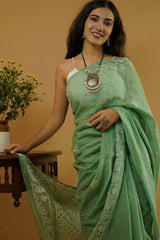 Chikankari Saree in Green Kota Cotton
