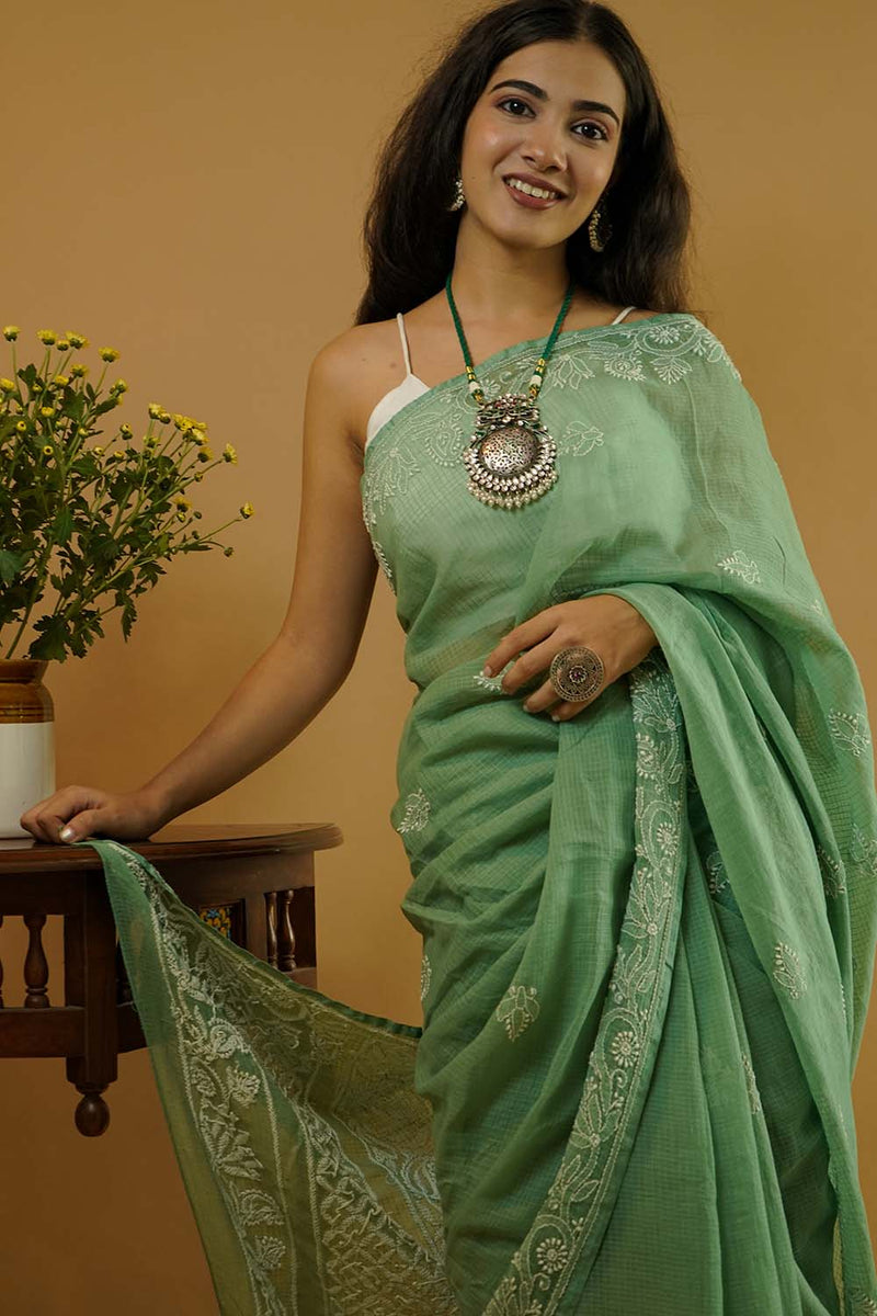 Chikankari Saree in Green Kota Cotton
