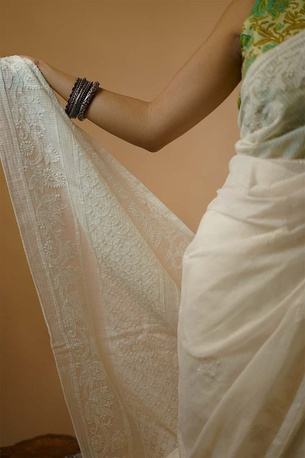 Chikankari Saree in Blanc Kota Cotton