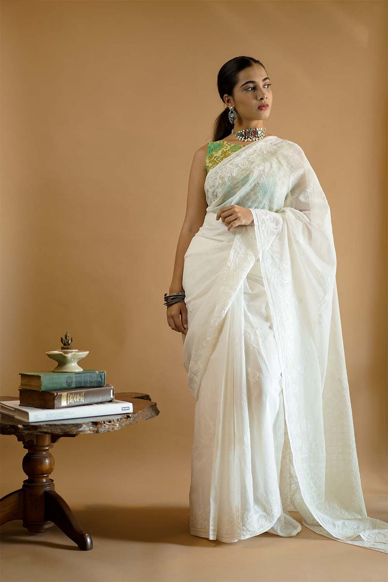 Chikan Hand Embroidered Dyeable Ivory White Georgette Lucknowi Chikankari  Saree | JHaanpi