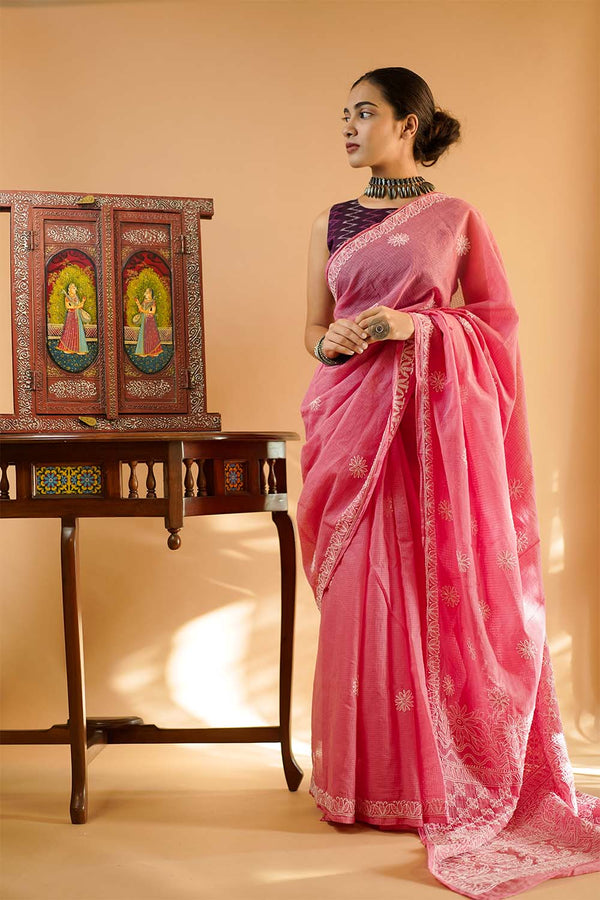 Chikankari Saree in Rose Kota Cotton