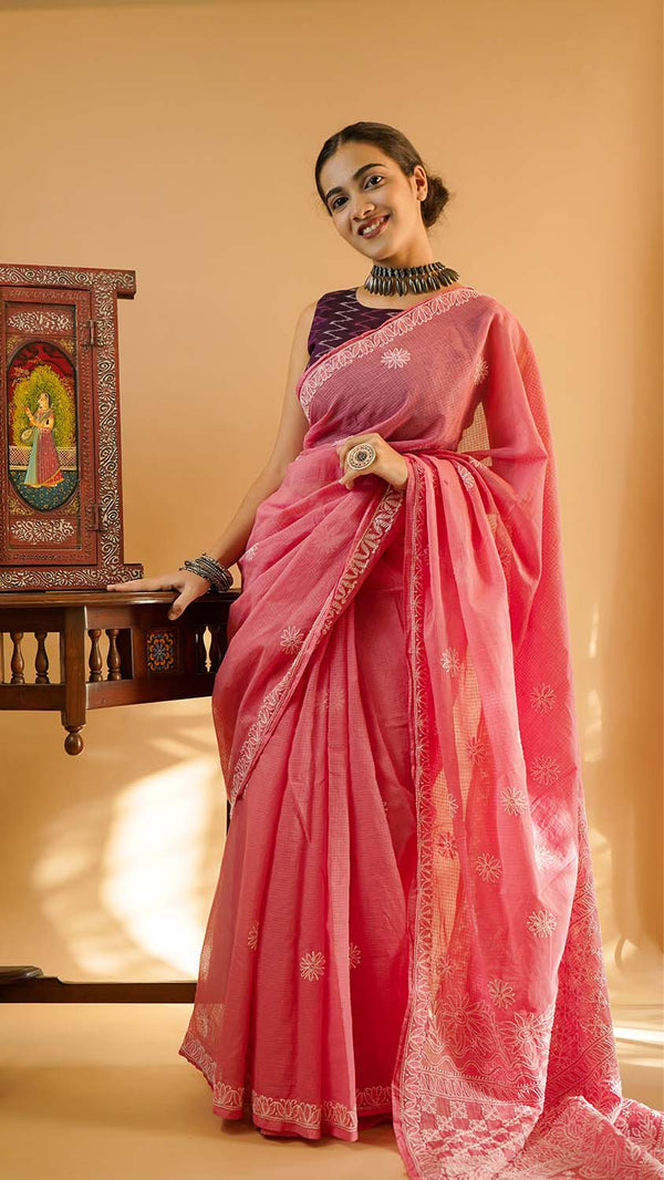 Chikankari Saree in Rose Kota Cotton