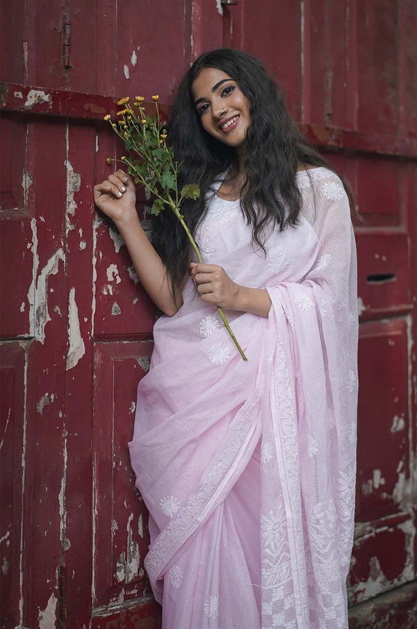 Chikankari Saree in Blush Kota Cotton