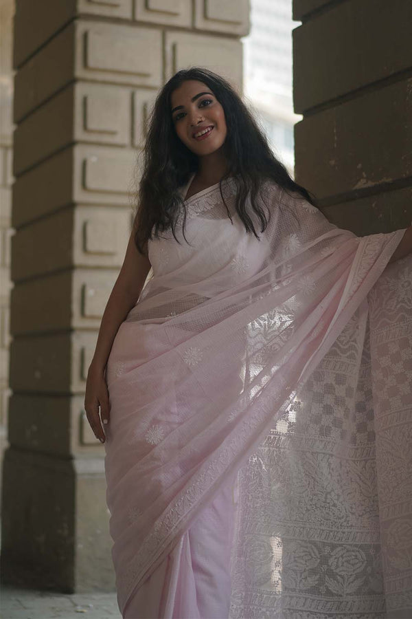 Chikankari Saree in Blush Kota Cotton