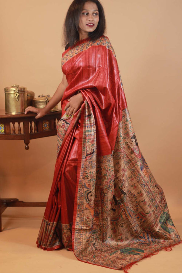 Handpainted Madhubani Tussar Silk Saree