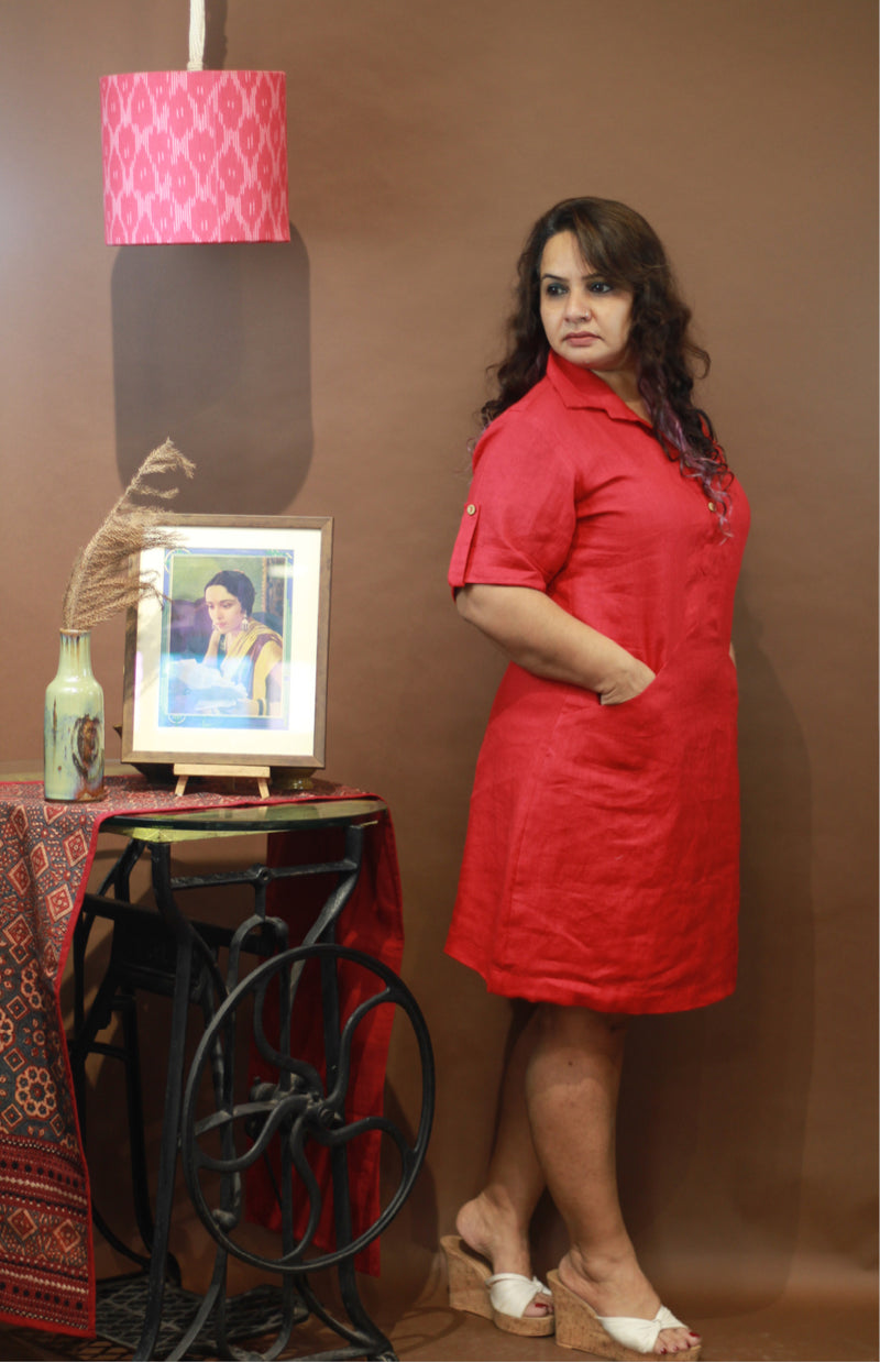 Collared Dress in Rouge Linen