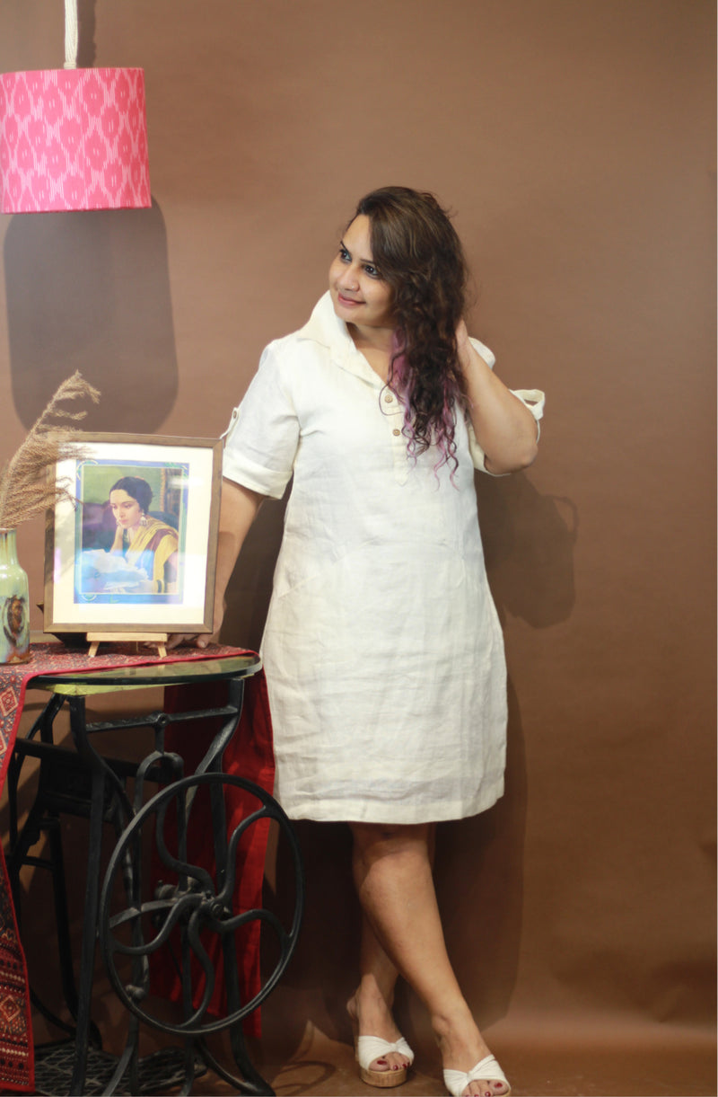Collared Dress in Blanc Linen