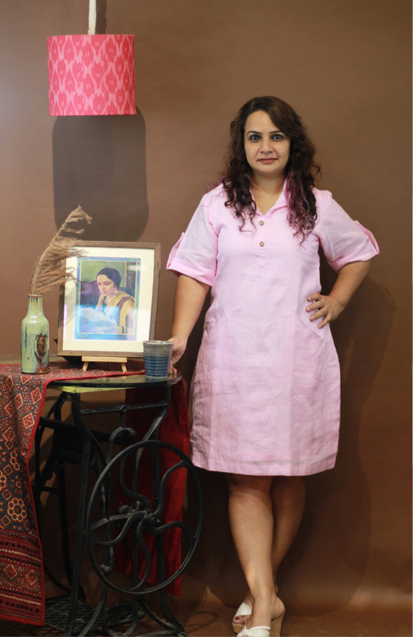 Collared Dress in Rose Linen