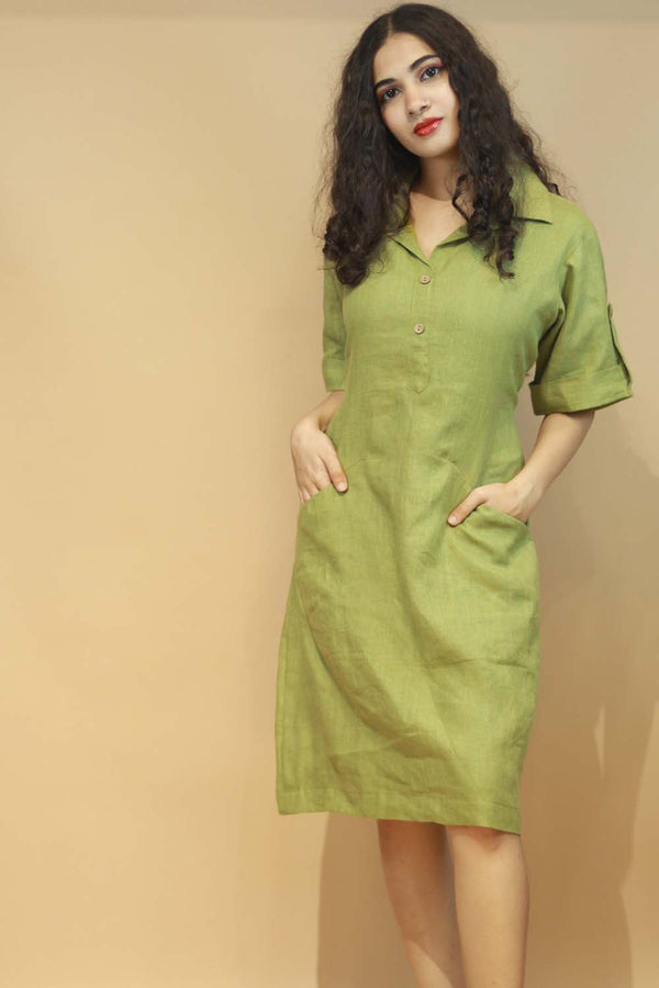 Collared Dress in Olive Linen