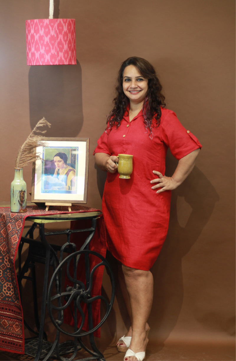 Collared Dress in Rouge Linen