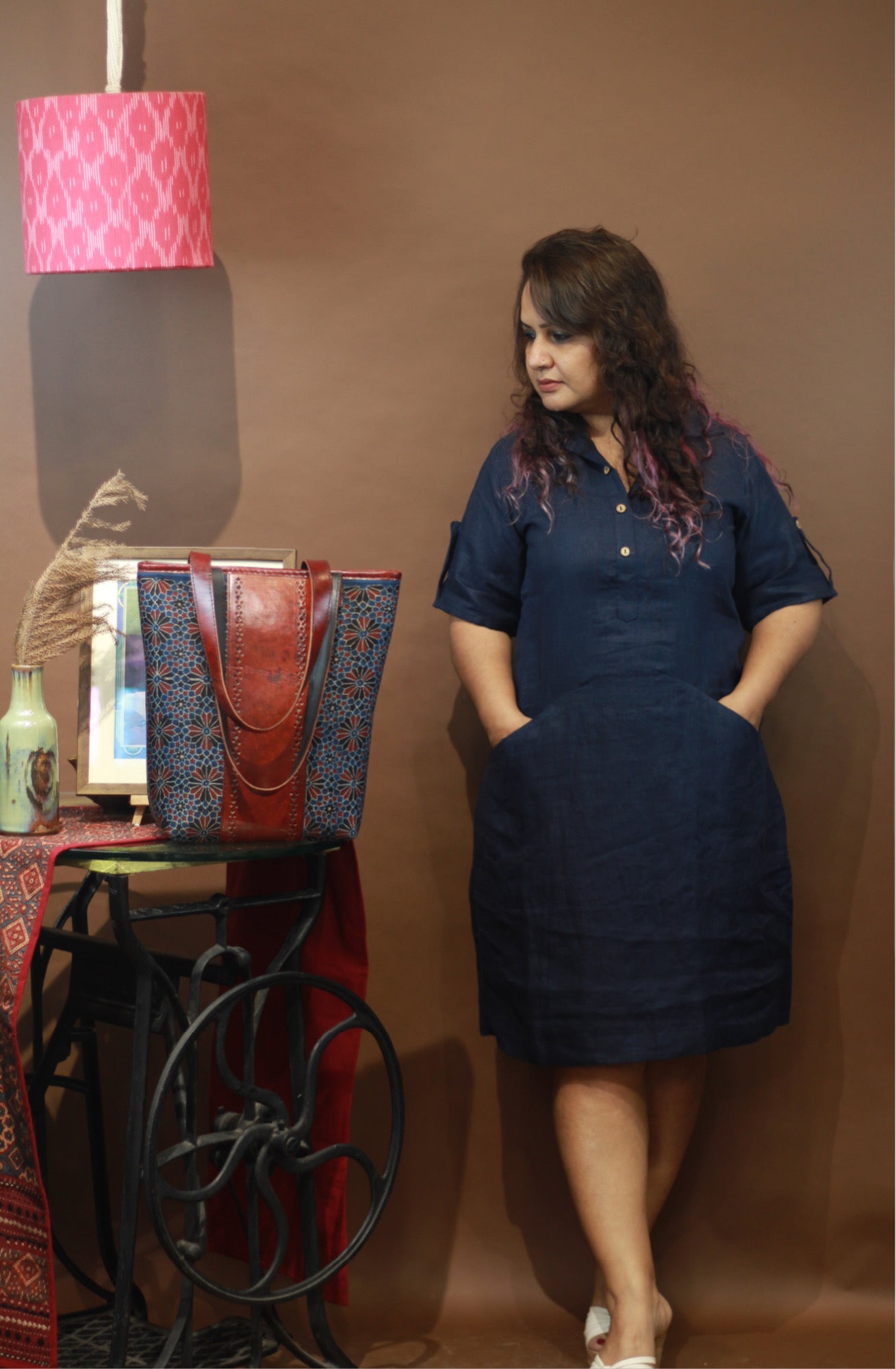 Collared Dress in Navy Linen