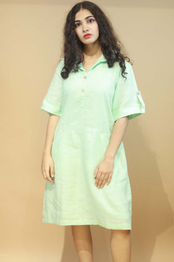 Collared Dress in Mint Linen