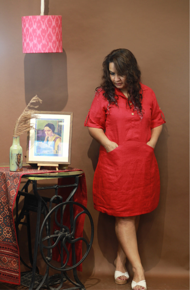 Collared Dress in Rouge Linen