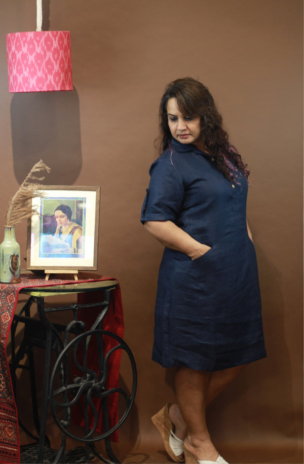 Collared Dress in Navy Linen