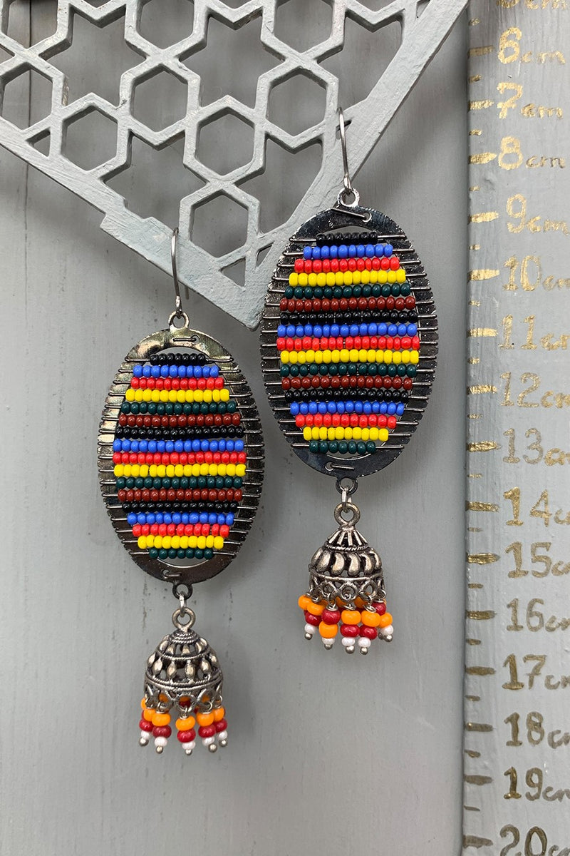 Rainbow Beaded Ellipse Jhumka Earrings