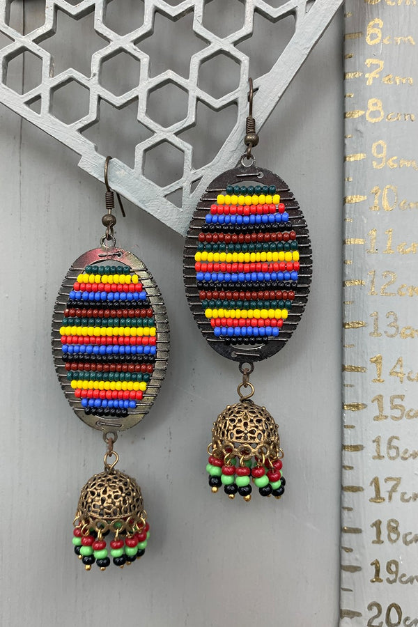 Rainbow Beaded Ellipse Jhumka Earrings