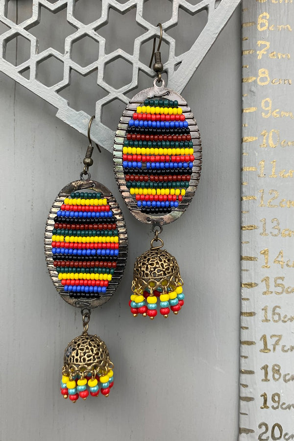 Rainbow Beaded Ellipse Jhumka Earrings